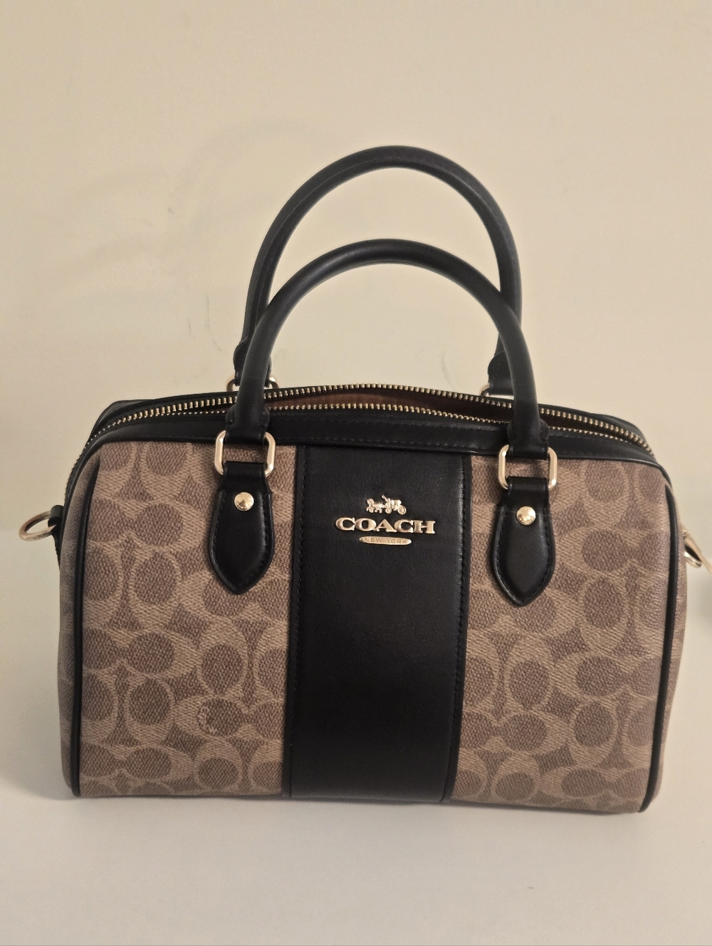 Coach Signature Satchel in Khaki and Black- Medium Rowan, Used, No Hangtag